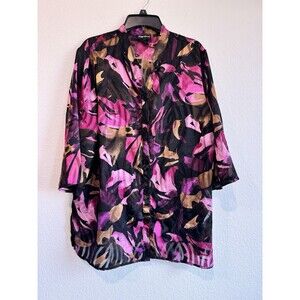 Maggie Barnes Women's Pink Floral Button Down Blouse 3/4 Sleeve Chiffon 1X